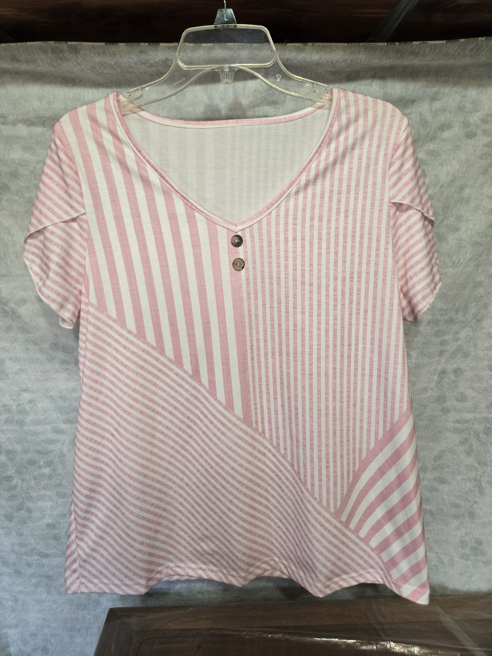 Women's Pink Striped V-Neck Short Sleeve Top with Button Detail